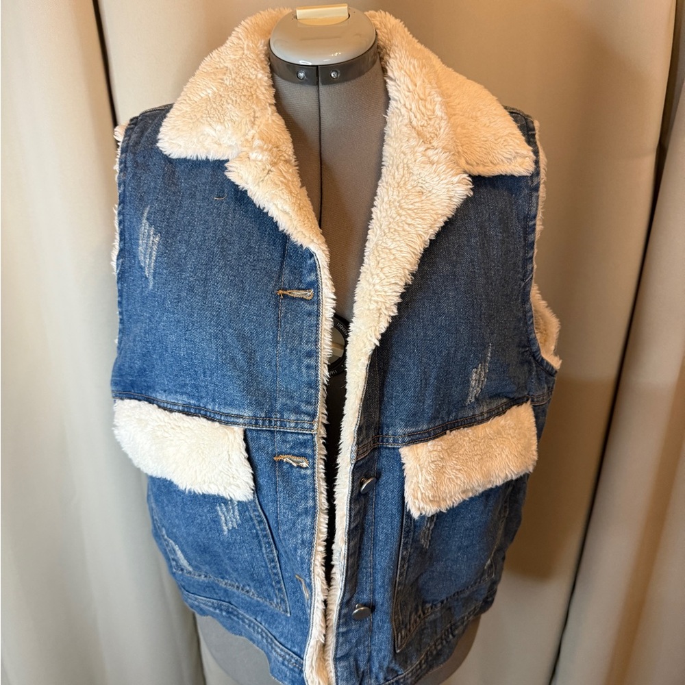 Denim Vest with Faux Shearling Lining